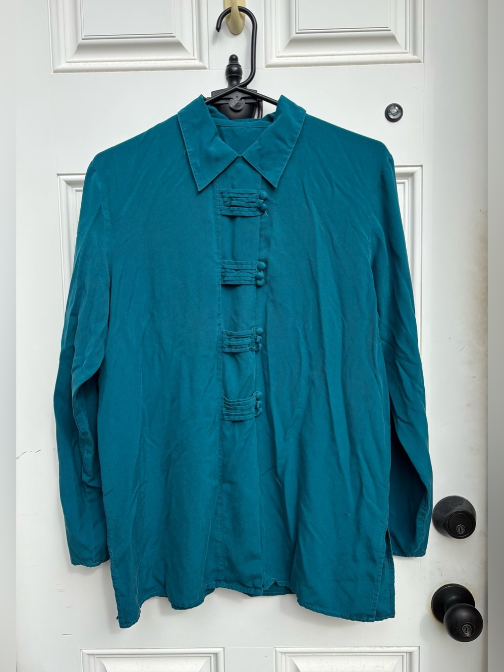 Vintage 90s The Limited 100% Silk Blouse Turquoise Teal Frog Closure Top Size M